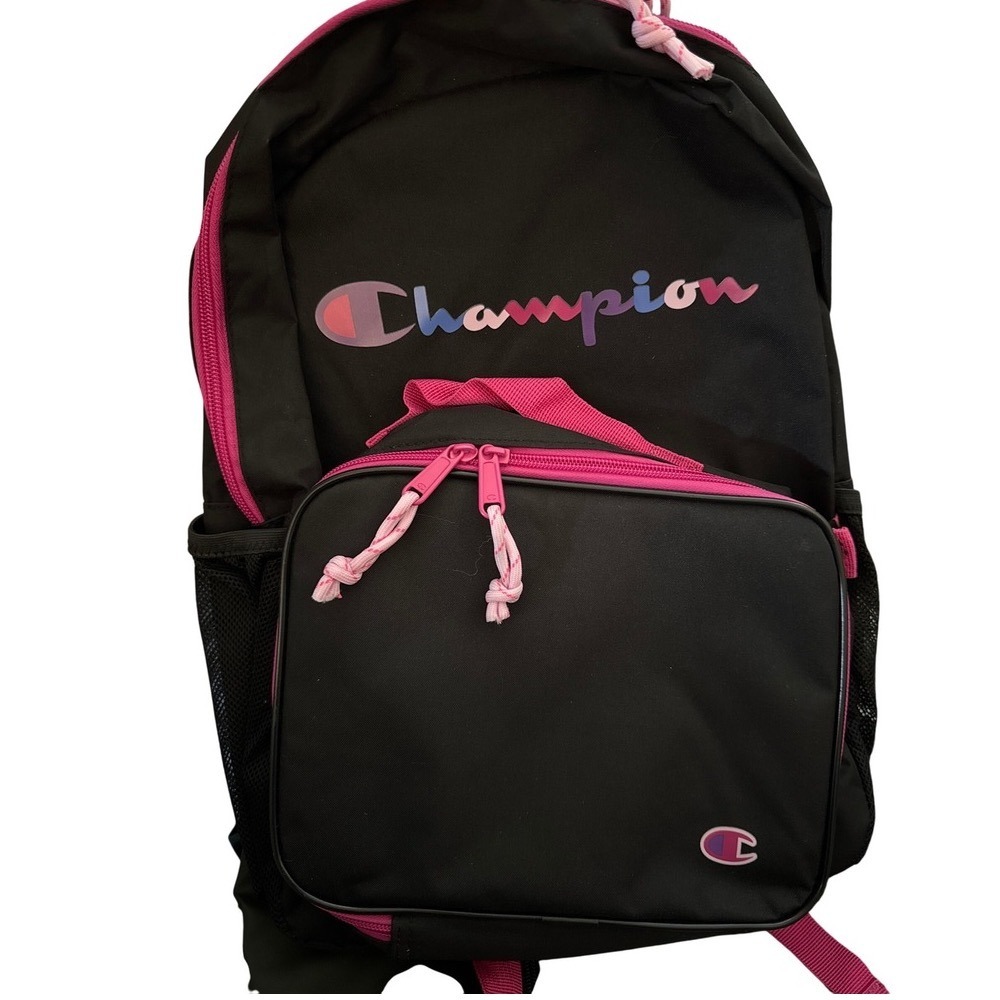 Champion Backpack‎ with Detachable Lunch Box Black Pink School Bag New